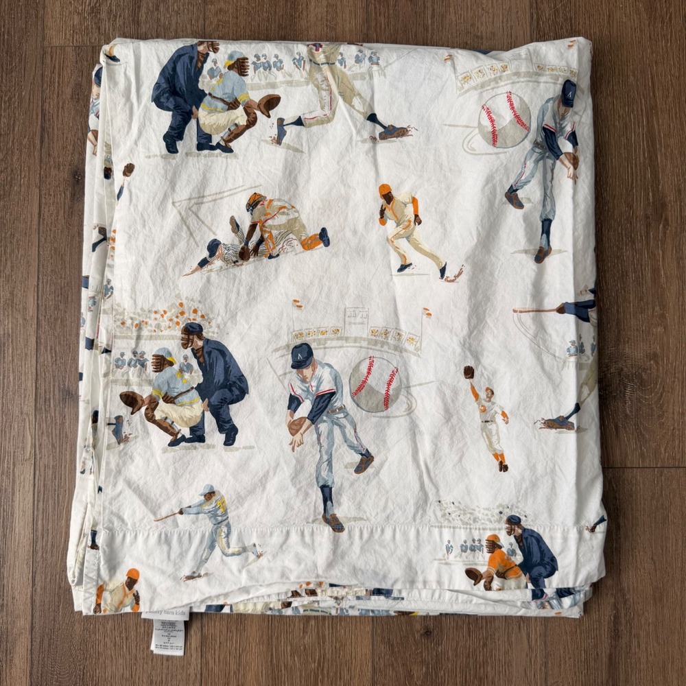 Pottery Barn Kids Flat Sheet Unisex Full White Vintage Baseball Organic Cotton
